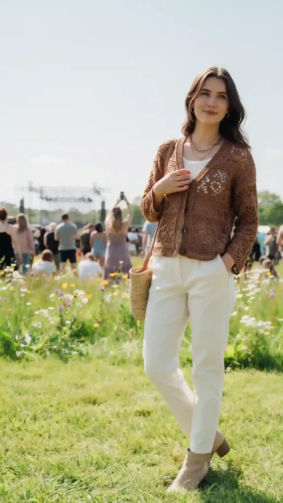 Cinnamon-Brown-Crochet-Cardigan-with-Ivory-Pants Cinnamon Brown Crochet Cardigan with Ivory Pants