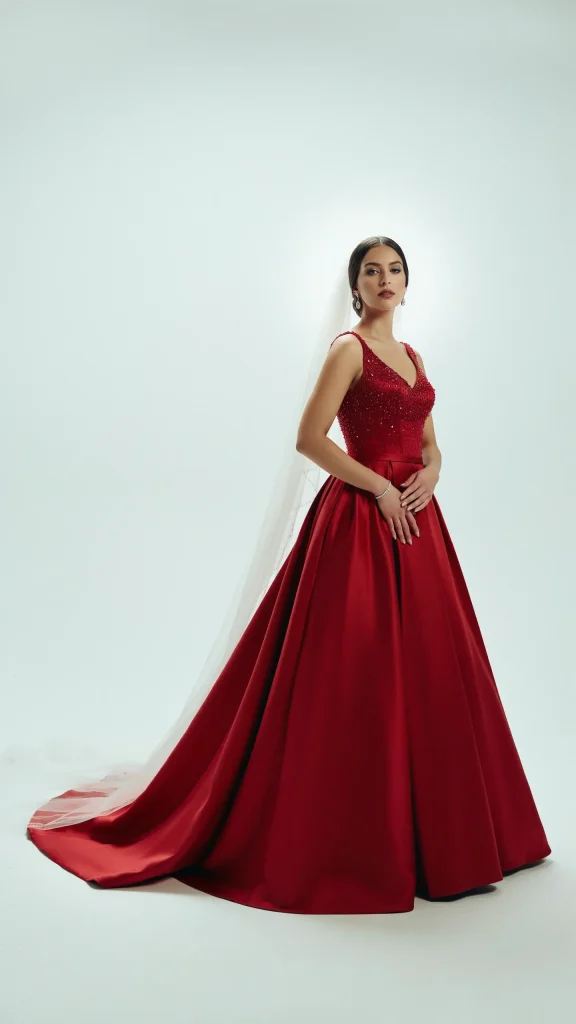 Classic-Crimson-Ball-Gown-with-Cathedral-Train-and-Crystal-Embellishments Classic Crimson Ball Gown with Cathedral Train and Crystal Embellishments