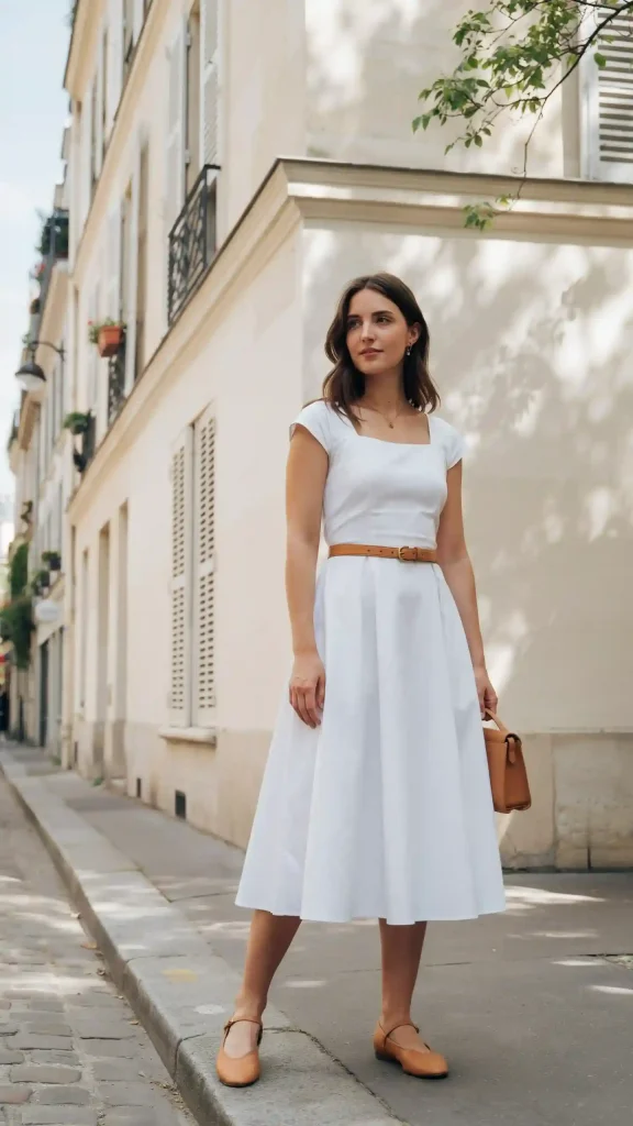Classic-White-Midi-Dress-with-Tan-Leather-Belt-and-Flats Classic White Midi Dress with Tan Leather Belt and Flats