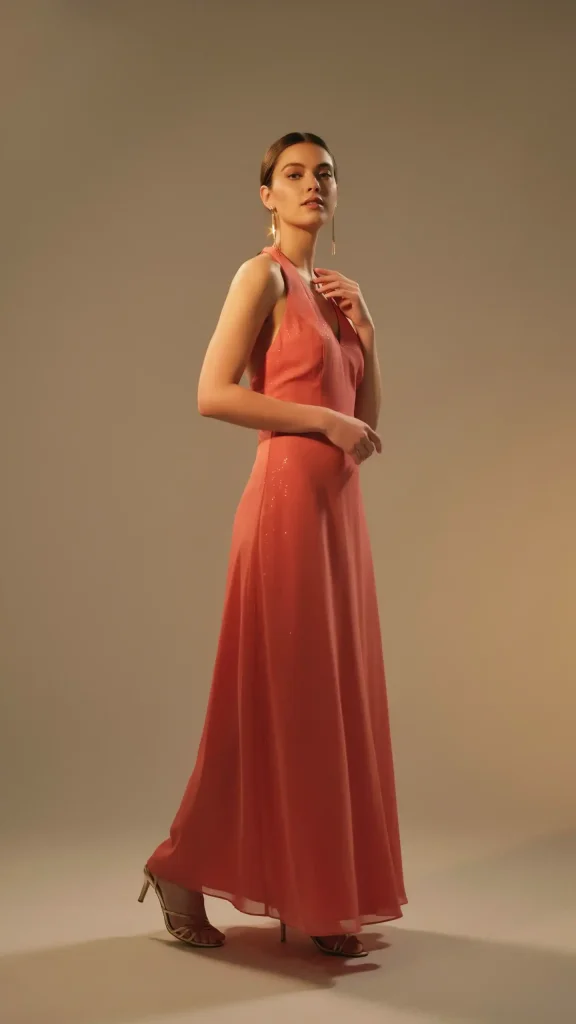 Coral-Halter-Neck-Maxi-Dress-With-Moonlight-Party-Outfit-Idea Coral Halter Neck Maxi Dress With Moonlight Party Outfit Idea