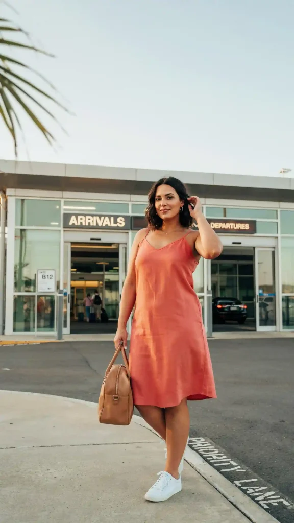 Coral-Linen-Dress-With-White-Sneakers-Summer-Style Coral Linen Dress With White Sneakers Summer Style