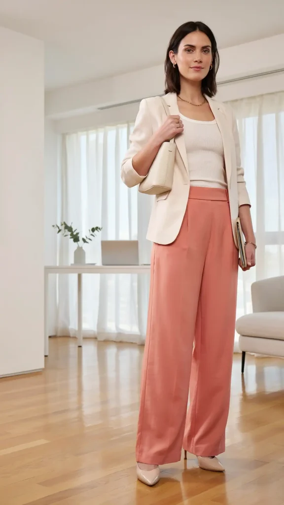 Coral-Linen-Pants-Outfit-Styled-with-Ivory-Ribbed-Tank-and-Blazer Coral Styled Linen Pants with Ivory Ribbed Tank and Blazer