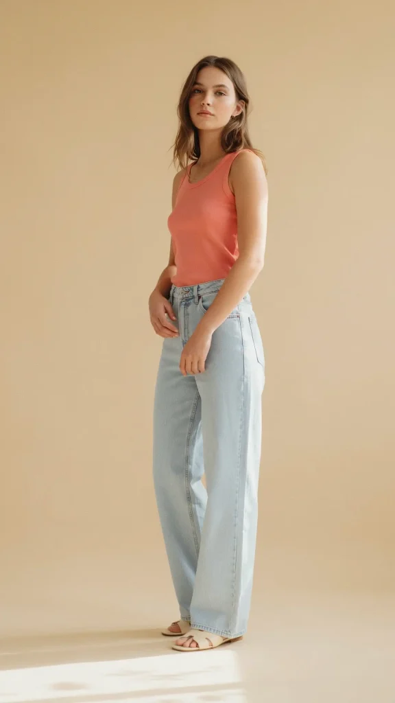 Coral-Sleeveless-Top-with-Light-Wash-Wide-Leg-Jeans Coral Sleeveless Top with Light Wash Wide Leg Jeans