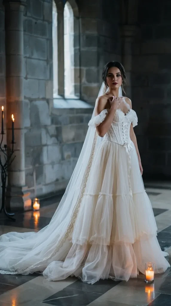 Corset-style-gothic-wedding-dress-with-layered-tulle-skirt Corset style gothic wedding dress with layered tulle skirt
