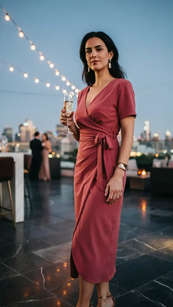 Cranberry-Wrap-Midi-Dress-with-Metallic-Bronze-Accessories Cranberry Wrap Midi Dress with Metallic Bronze Accessories