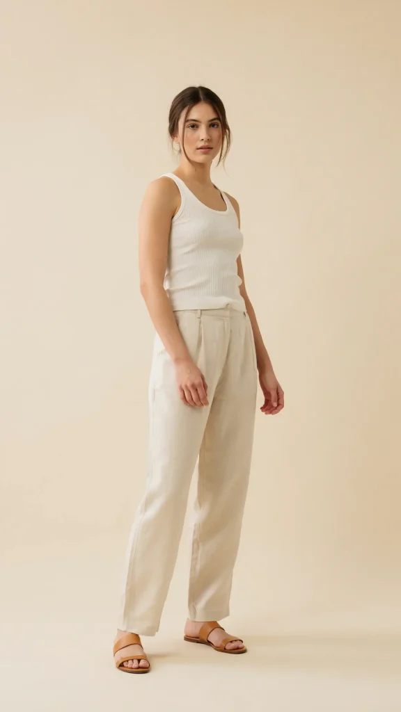 Cream-Ribbed-Tank-Top-With-High-Waist-Linen-Shorts Cream Ribbed Tank Top With High Waist Linen Shorts