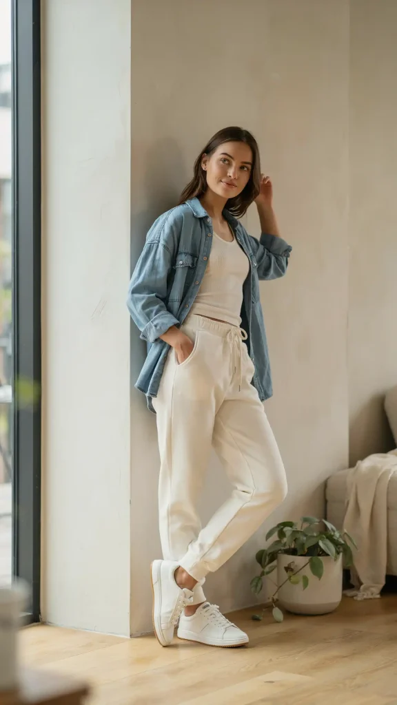 Cream-Sweatpants-Outfit-with-Oversized-Button-Shirt-Style Cream Sweatpants Outfit with Oversized Button Shirt Style