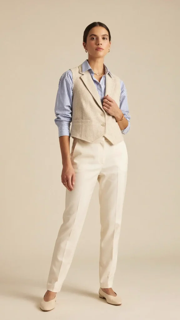 Cream-Vest-Over-Button-Down-Shirt-for-Layered-Luxury-Looks Cream Vest Over Button Down Shirt for Layered Luxury Looks