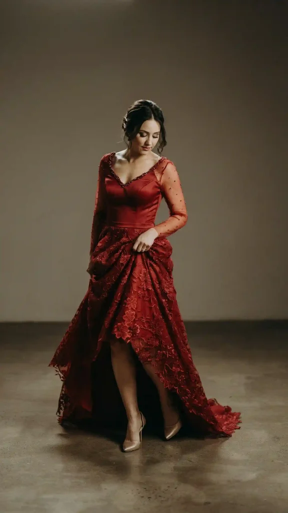 Crimson-High-Low-Wedding-Dress-with-Dramatic-Overskirt-and-Lace Crimson High Low Wedding Dress with Dramatic Overskirt and Lace