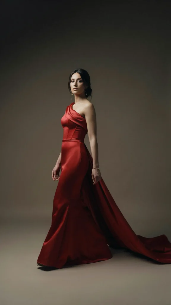Crimson-One-Shoulder-Wedding-Dress-with-Flowing-Satin-Court-Train Crimson One Shoulder Wedding Dress with Flowing Satin Court Train