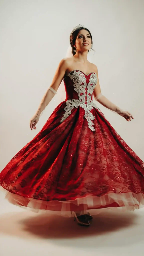 Crimson-Strapless-Princess-Wedding-Dress-with-Glittering-Lace-Appliques Crimson Strapless Princess Wedding Dress with Glittering Lace Appliqués