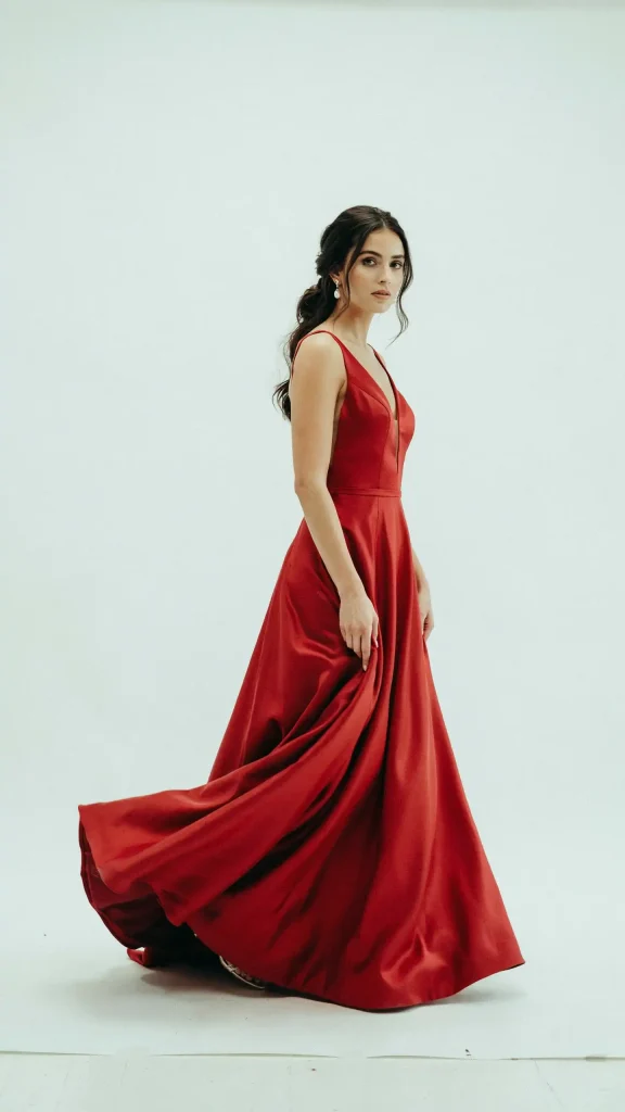 Crimson-V-Neck-Wedding-Dress-with-Luxurious-Draped-Satin-Skirt Crimson V Neck Wedding Dress with Luxurious Draped Satin Skirt