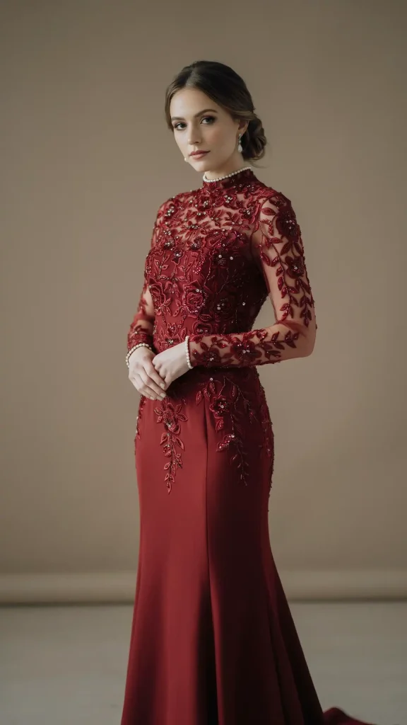 Dark-Cherry-High-Neck-Wedding-Dress-with-Intricate-Beaded-Details Dark Cherry High Neck Wedding Dress with Intricate Beaded Details