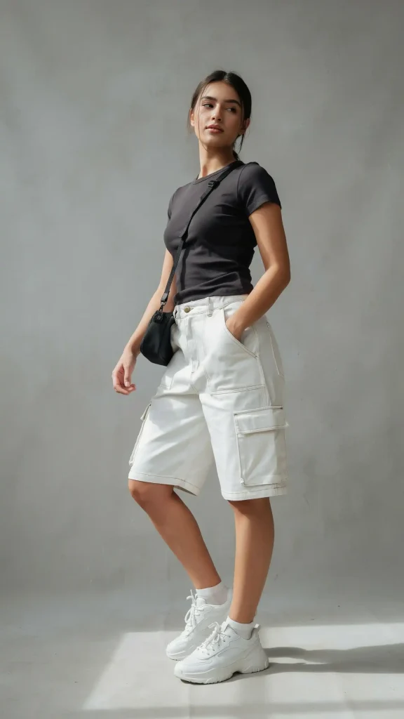 Dark-Gray-fitted-tee-with-White-cargo-jorts-urban-summer-streetwear-look Dark Gray fitted tee with White cargo jorts urban summer streetwear look
