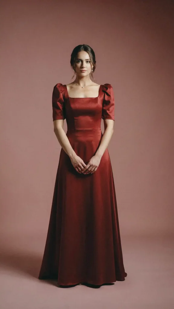 Dark-Red-Square-Neck-Wedding-Dress-with-Elegant-Puff-Sleeves Dark Red Square Neck Wedding Dress with Elegant Puff Sleeves
