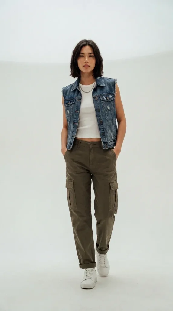 Dark-Wash-Denim-Vest-with-Cargo-Pants-for-Elevated-Casual-Looks Dark Wash Denim Vest with Cargo Pants for Elevated Casual Looks
