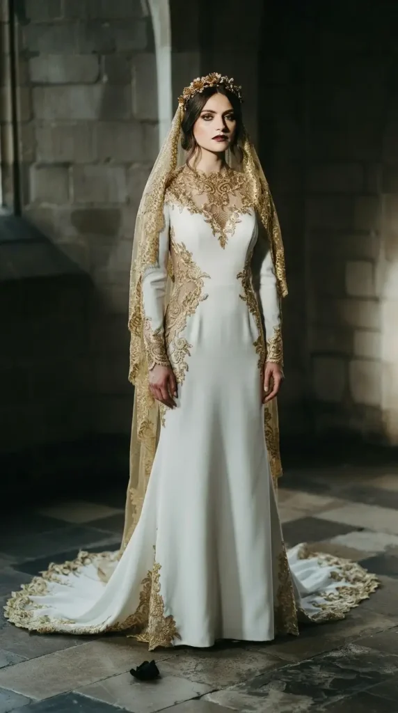 Dark-romantic-white-gothic-gown-with-golden-lace-accents Dark romantic white gothic gown with golden lace accents