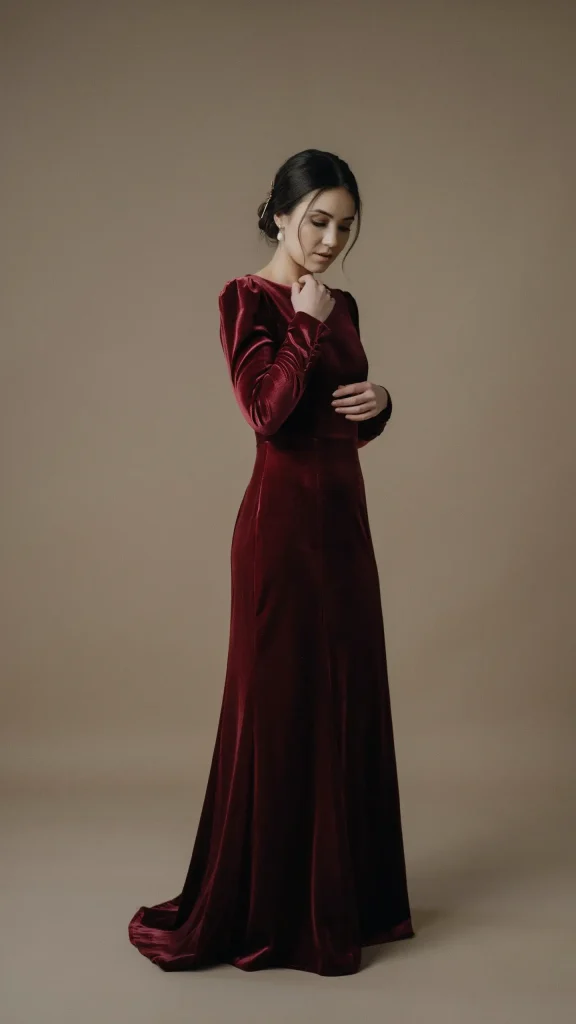 Deep-Burgundy-Velvet-Wedding-Dress-with-Regal-Long-Sleeves Deep Burgundy Velvet Wedding Dress with Regal Long Sleeves