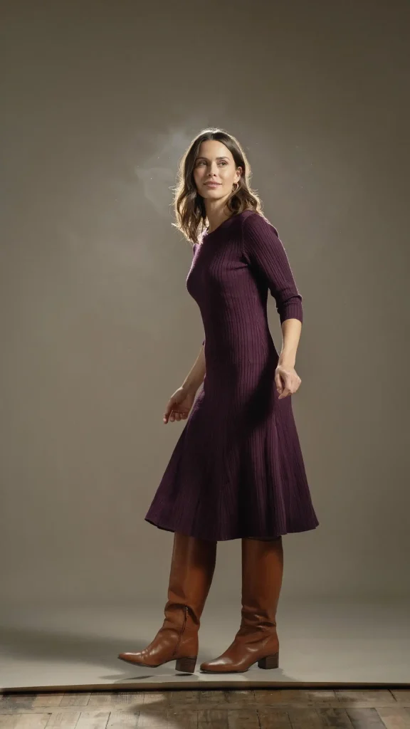 Deep-Plum-Knit-Dress-with-Cognac-Knee-High-Boots Deep Plum Knit Dress with Cognac Knee High Boots