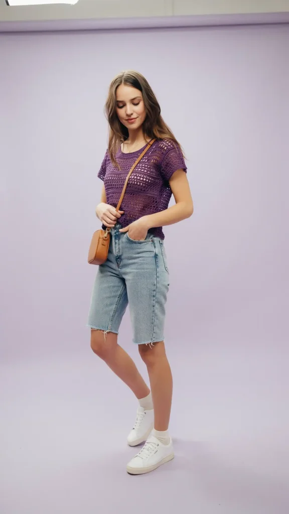 Deep-Purple-Crochet-short-sleeve-shirt-with-jorts-soft-aesthetic-style Deep Purple Crochet short sleeve shirt with jorts soft aesthetic style