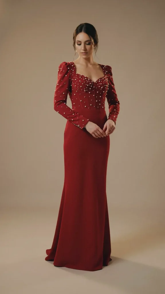 Deep-Red-Long-Sleeve-Wedding-Dress-with-Pearl-Embellished-Corset Deep Red Long Sleeve Wedding Dress with Pearl Embellished Corset