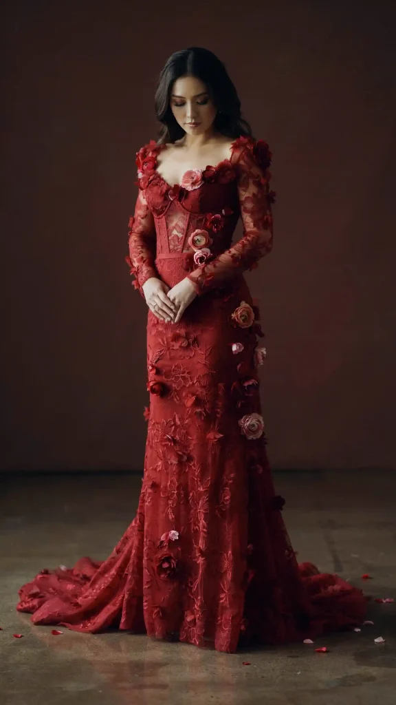 Deep-Scarlet-Bridal-Gown-with-Three-Dimensional-Floral-Appliques Deep Scarlet Bridal Gown with Three Dimensional Floral Appliqués