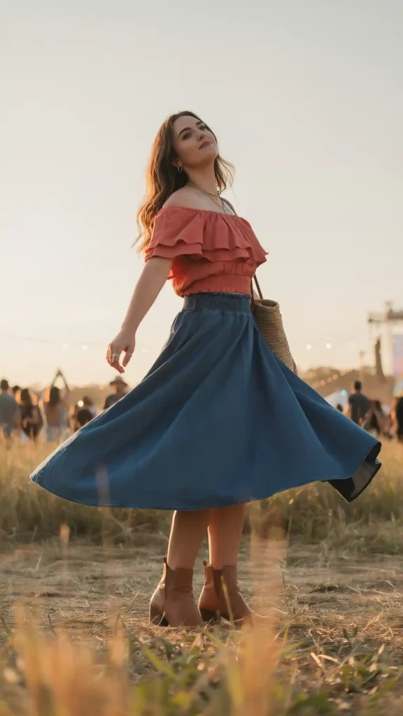 Denim-Blue-Maxi-Skirt-with-Coral-Peasant-Top Denim Blue Maxi Skirt with Coral Peasant Top