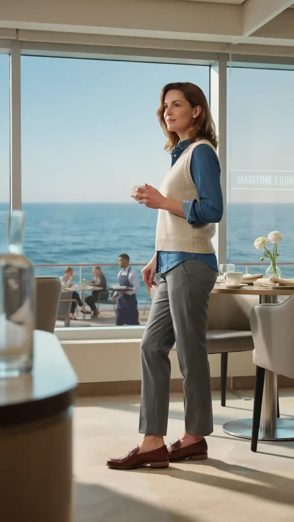 Denim-Shirt-Layered-under-Beige-Sweater-Vest-with-Trousers Denim Shirt Layered under Beige Sweater Vest with Trousers