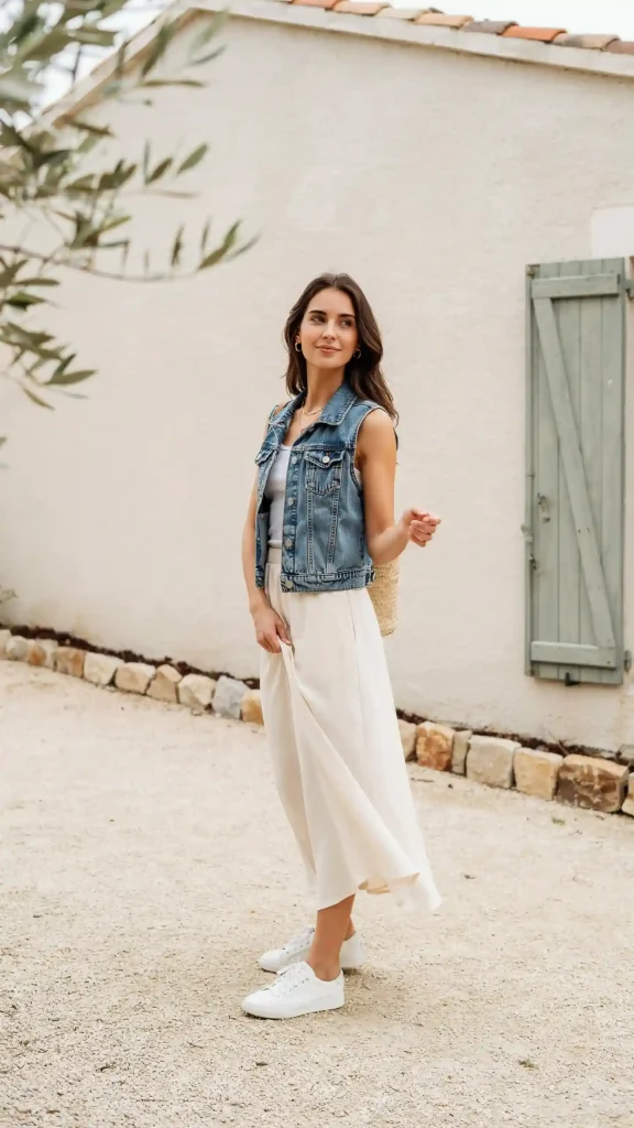 Denim-Vest-with-Flowy-Maxi-Skirt-for-Relaxed-Weekend-Style Denim Vest with Flowy Maxi Skirt for Relaxed Weekend Style