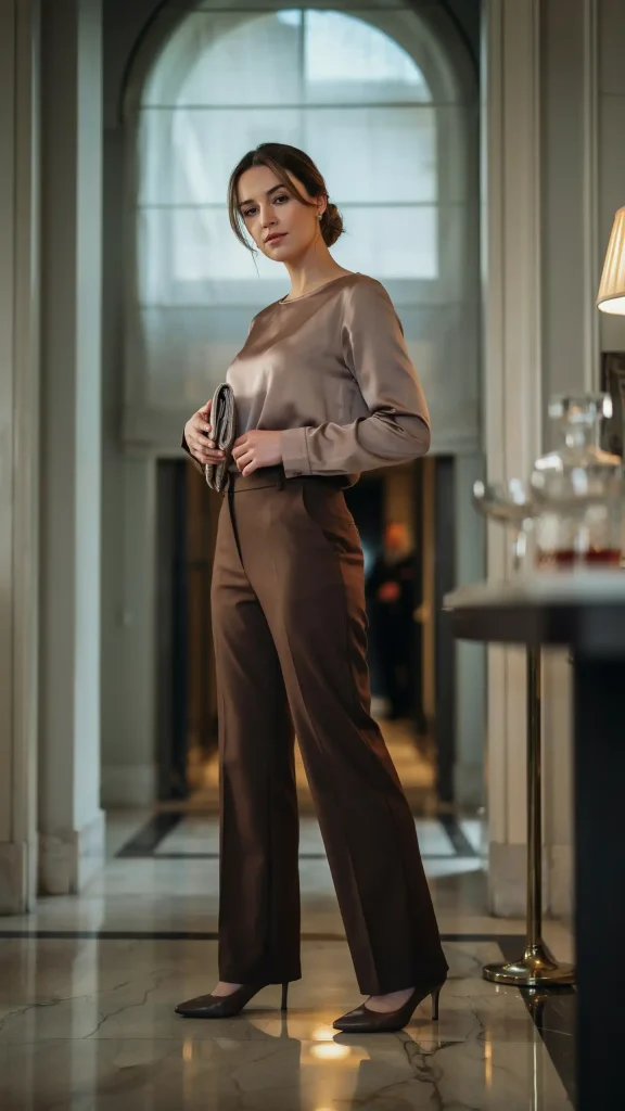 Dusty-Mauve-Satin-Blouse-with-Espresso-Tailored-Pants Dusty Mauve Satin Blouse with Espresso Tailored Pants