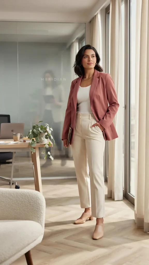 Dusty-Rose-Blazer-with-White-Tank-and-Tailored-Trousers Dusty Rose Blazer with White Tank and Tailored Trousers