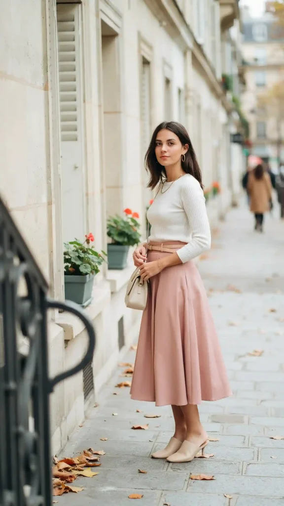Dusty-Rose-Midi-Skirt-with-Fitted-White-Knit-Top Dusty Rose Midi Skirt with Fitted White Knit Top