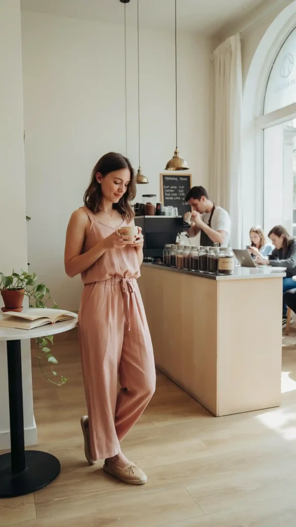 Dusty-Rose-Romper-With-Espadrilles-For-Cafe-Dates Dusty Rose Romper With Espadrilles For Café Dates