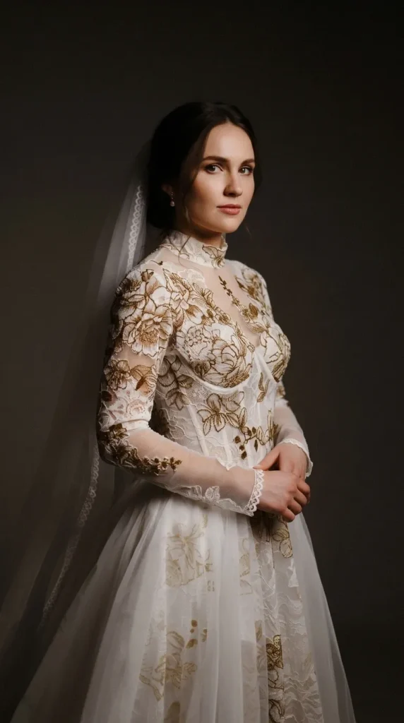 Elegant-white-gothic-dress-with-illusion-neckline-and-golden-lace-overlay Elegant white gothic dress with illusion neckline and golden lace overlay