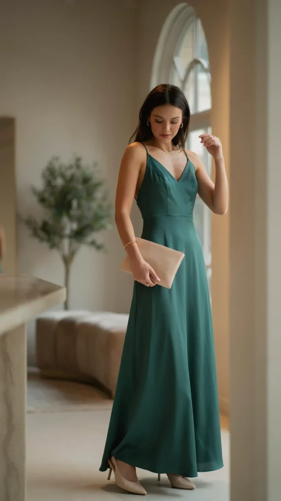 Emerald-Green-Maxi-Dress-with-Delicate-Nude-Accessories Emerald Green Maxi Dress with Delicate Nude Accessories