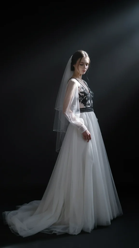 Ethereal-white-gothic-wedding-dress-with-layered-tulle-texture Ethereal white gothic wedding dress with layered tulle texture