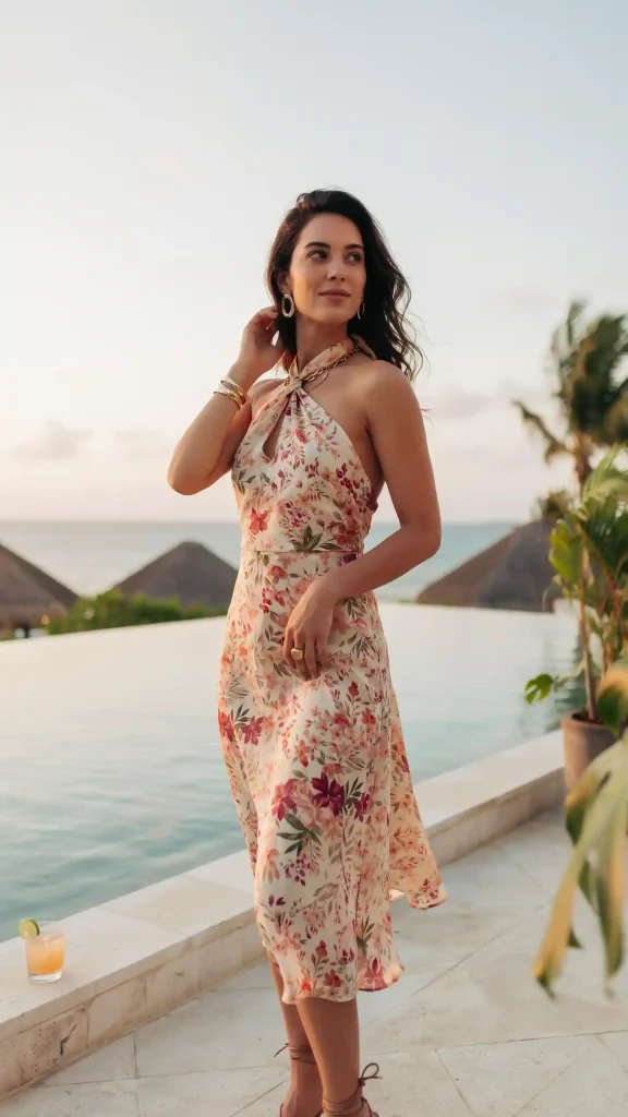 Floral-Halter-Neck-Dress-With-Modern-Vacation-Glamour Floral Halter Neck Dress With Modern Vacation Glamour