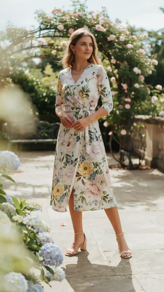 Floral-Wrap-Midi-Dress-with-Nude-Block-Heel-Sandals Floral Wrap Midi Dress with Nude Block Heel Sandals
