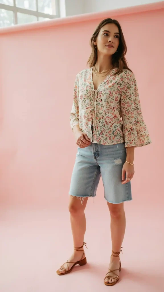 Floral-wrap-blouse-with-faded-jorts-romantic-summer-outfit Floral wrap blouse with faded jorts romantic summer outfit