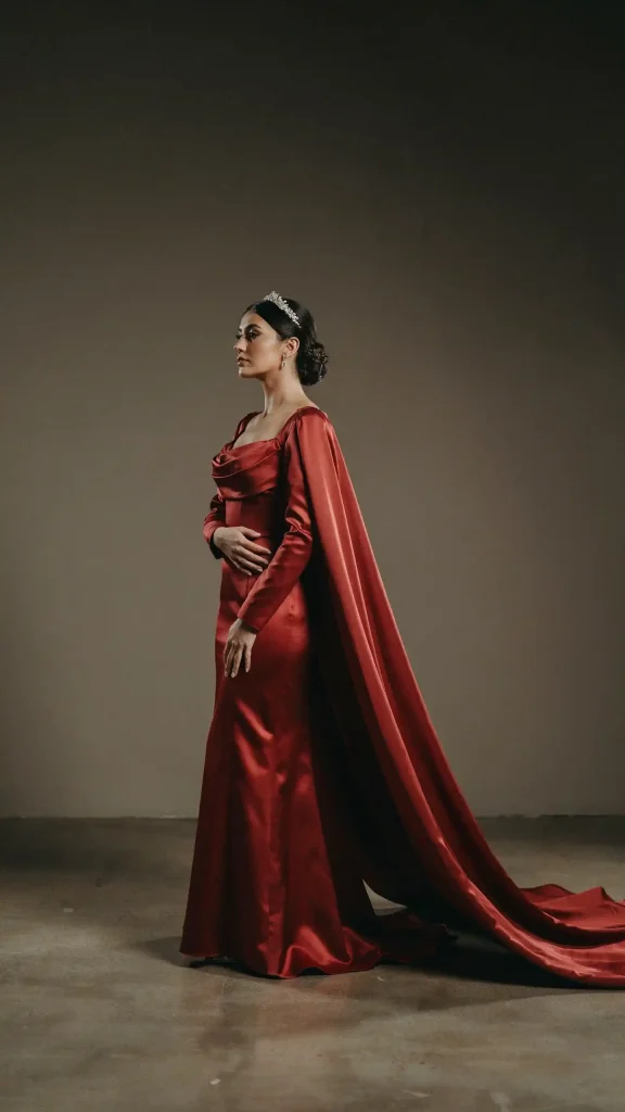 Garnet-Satin-Bridal-Gown-with-Detachable-Cathedral-Length-Cape Garnet Satin Bridal Gown with Detachable Cathedral Length Cape