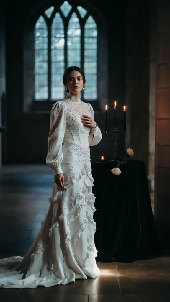 Gothic-White-bridal-gown-featuring-layered-ruffles-and-pearl-accents Gothic White bridal gown featuring layered ruffles and pearl accents