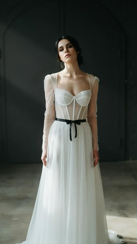 Gothic-white-bridal-gown-featuring-corset-and-sheer-paneling Gothic white bridal gown featuring corset and sheer paneling