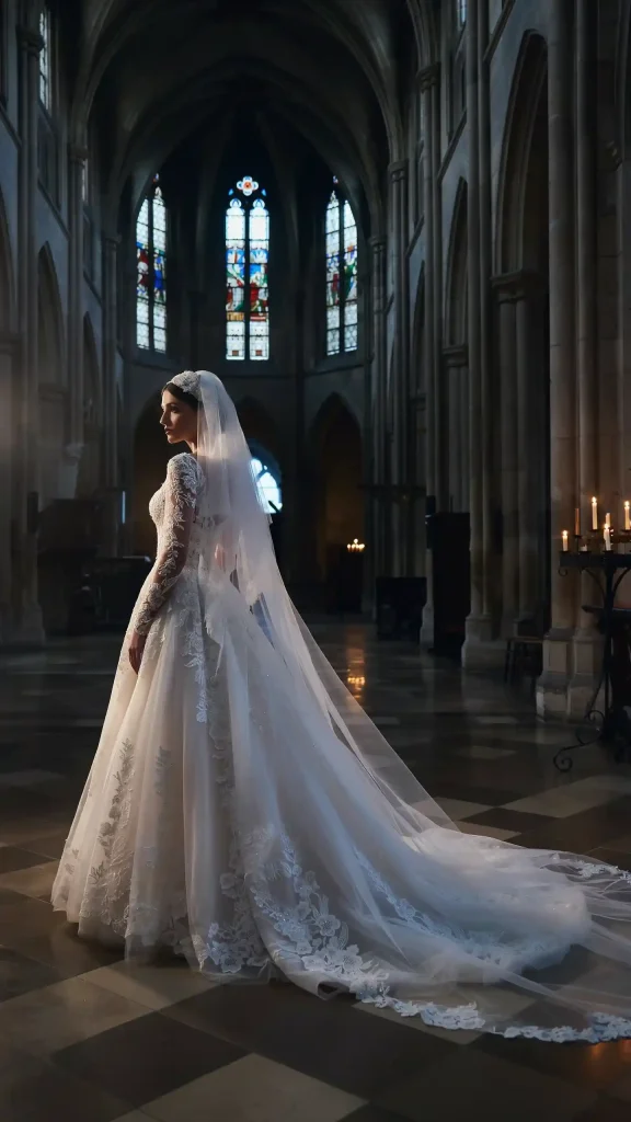 Gothic-white-wedding-dress-featuring-sheer-embroidered-lace-train Gothic white wedding dress featuring sheer embroidered lace train