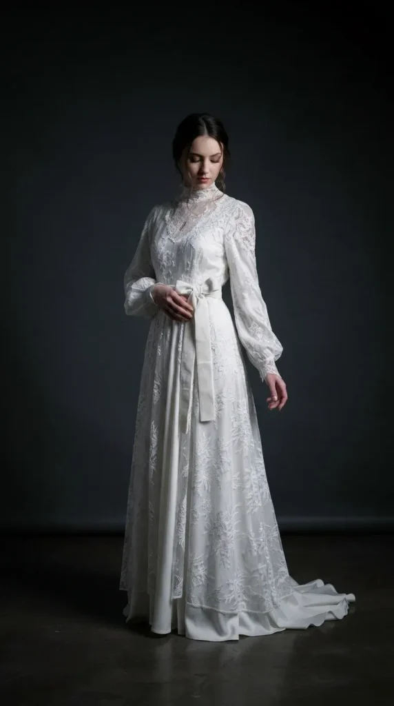 Gothic-white-wedding-dress-with-Golden-velvet-ribbon-waist-detail Gothic white wedding dress with Golden velvet ribbon waist detail