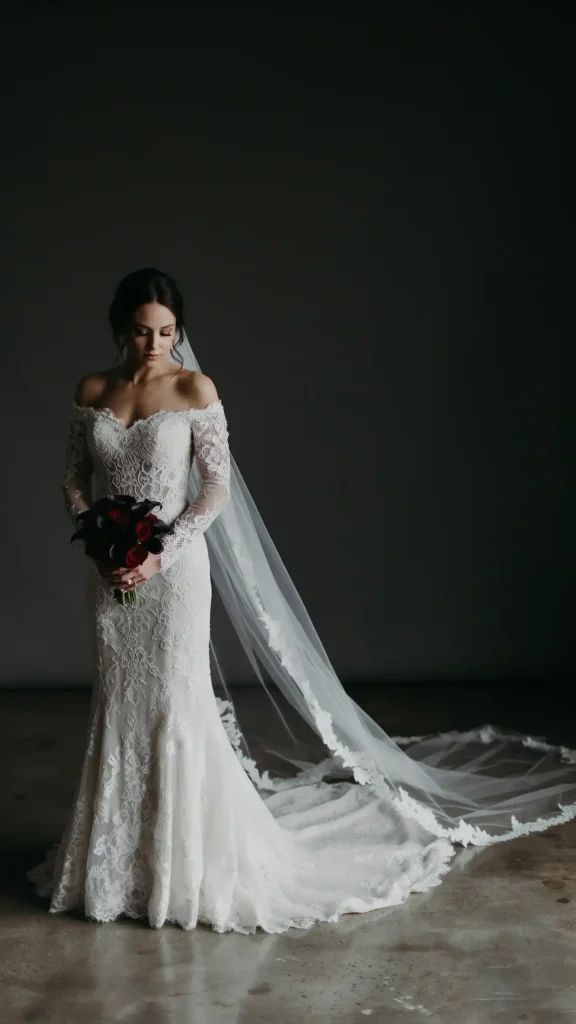 Gothic-white-wedding-dress-with-off-shoulder-lace-mermaid-silhouette Gothic white wedding dress with off-shoulder lace mermaid silhouette