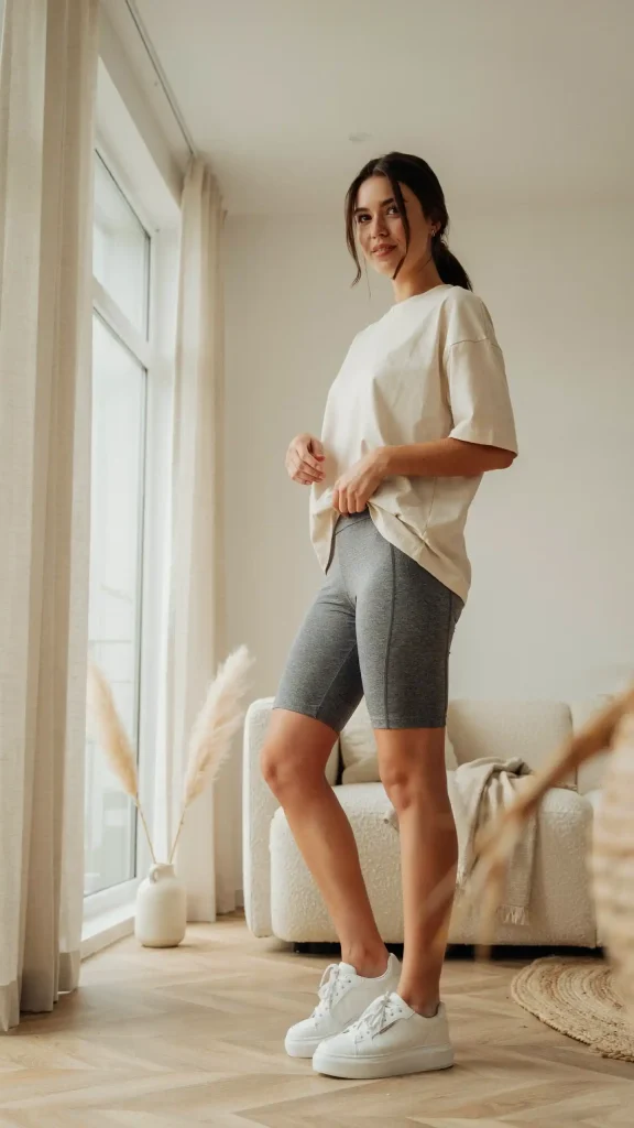 Gray-Biker-Shorts-Outfit-with-Oversized-T-Shirt-Style Gray Biker Shorts Outfit with Oversized T-Shirt Style