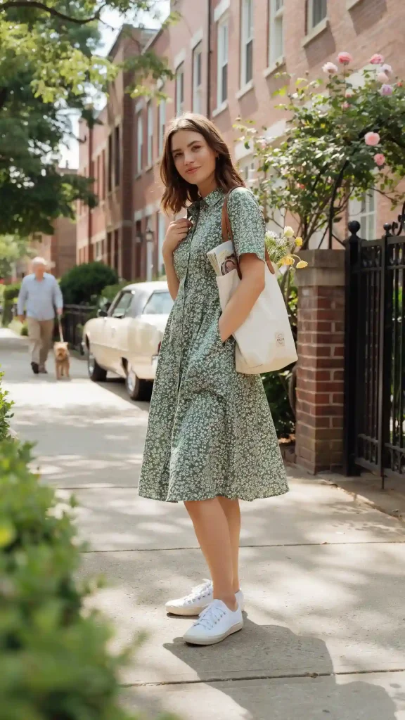 Green-Floral-Shirt-Dress-With-Relaxed-Casual-Sophistication Green Floral Shirt Dress With Relaxed Casual Sophistication