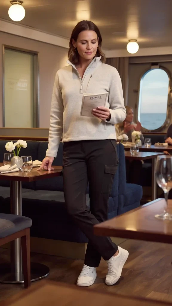 Ivory-Half-Zip-Fleece-with-Black-Travel-Pants-and-Trainers Ivory Half Zip Fleece with Black Travel Pants and Trainers