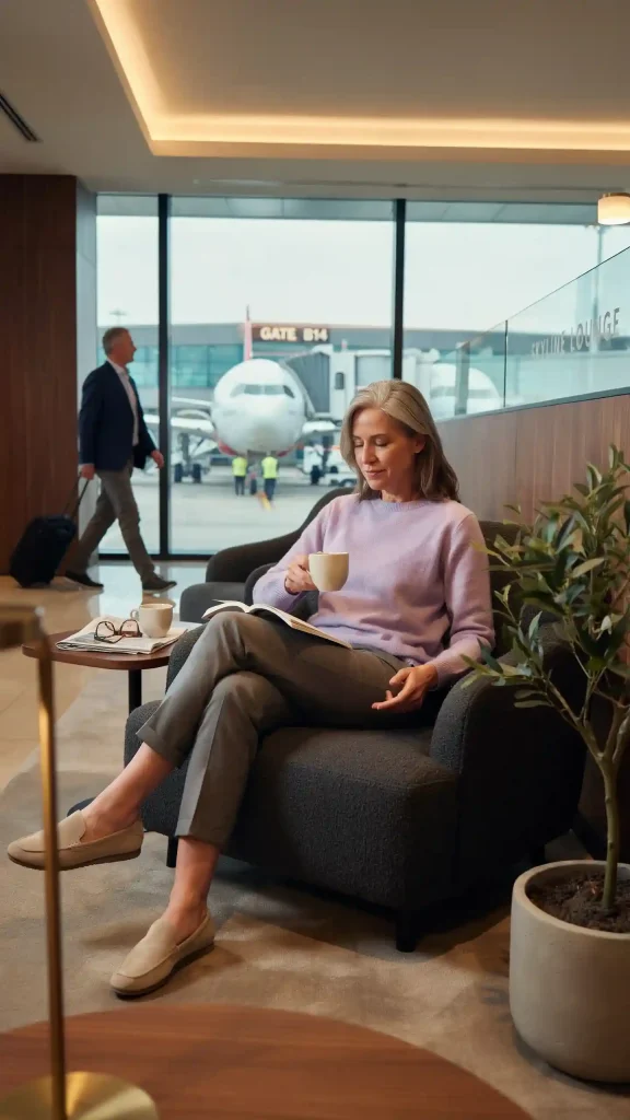Lavender-Cashmere-Sweater-With-Gray-Pants-For-Cozy-Flights Lavender Cashmere Sweater With Gray Pants For Cozy Flights