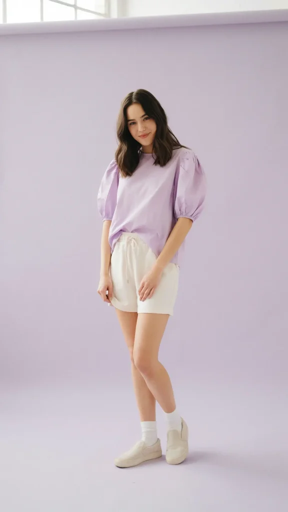 Lavender-Puff-Sleeve-Top-With-Light-Cotton-Shorts Lavender Puff Sleeve Top With Light Cotton Shorts